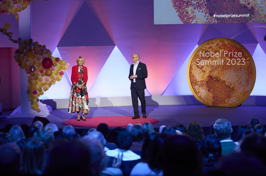 Marcia and Vidar on the stage at the Nobel Prize Summit.