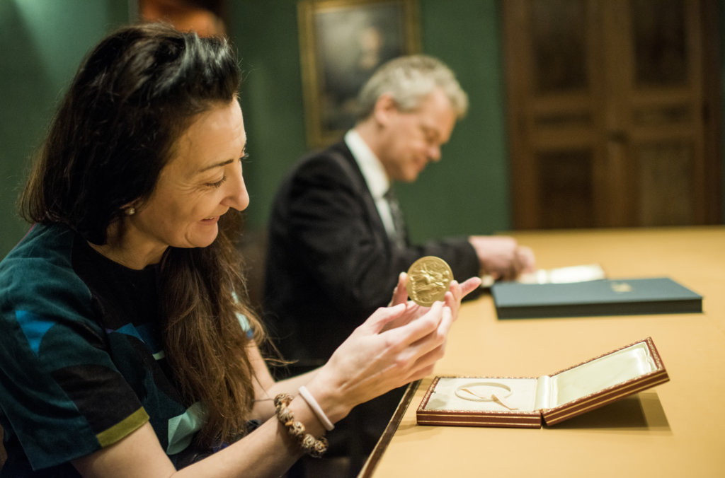 May-Britt and Edvard I. Moser examining their Nobel Medals during their visit to the Nobel Foundation, on 12 December 2014.
