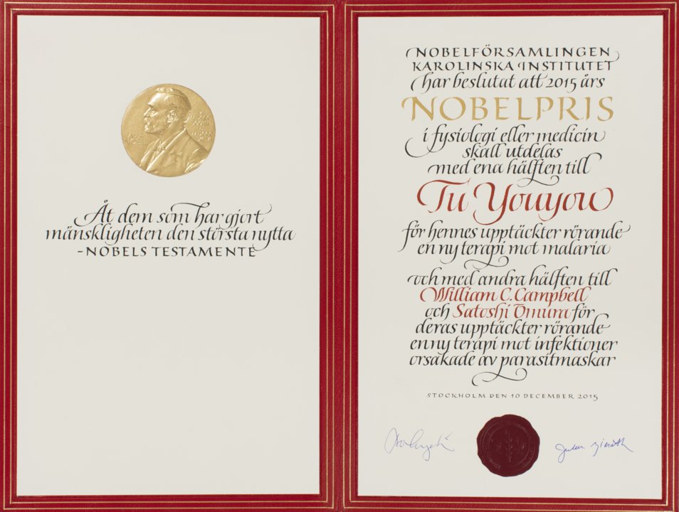 Tu Youyou - Nobel Prize diploma