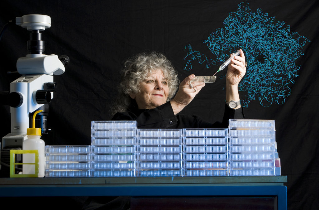 Ada Yonath with dishes used for crystallization experiments