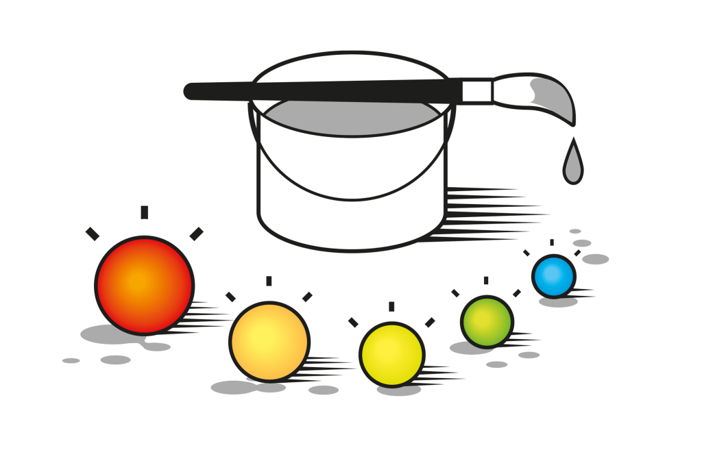 An illustration of a bucket of paint with coloured balls beneath it, representing quantum dots.